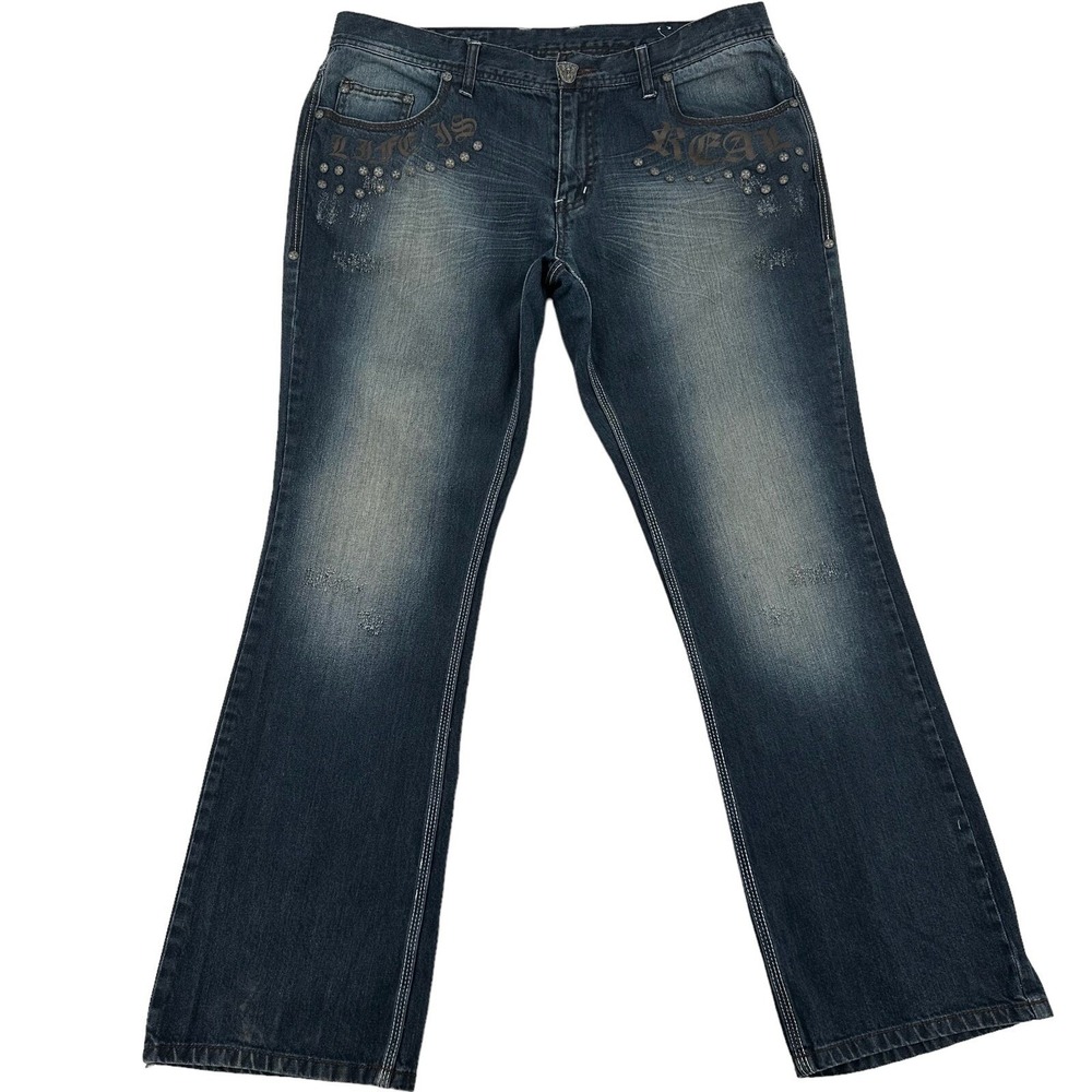 Blac Label Mens 38 Premium Denim Jeans Life Is Real Studded Y2K Baggy Dark Wash